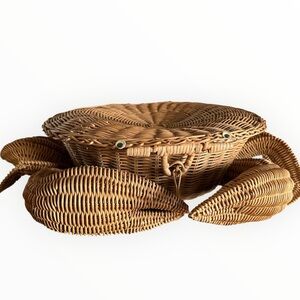 Vintage Hand Woven Wicker Rattan Crab Figural Basket Lock MCM